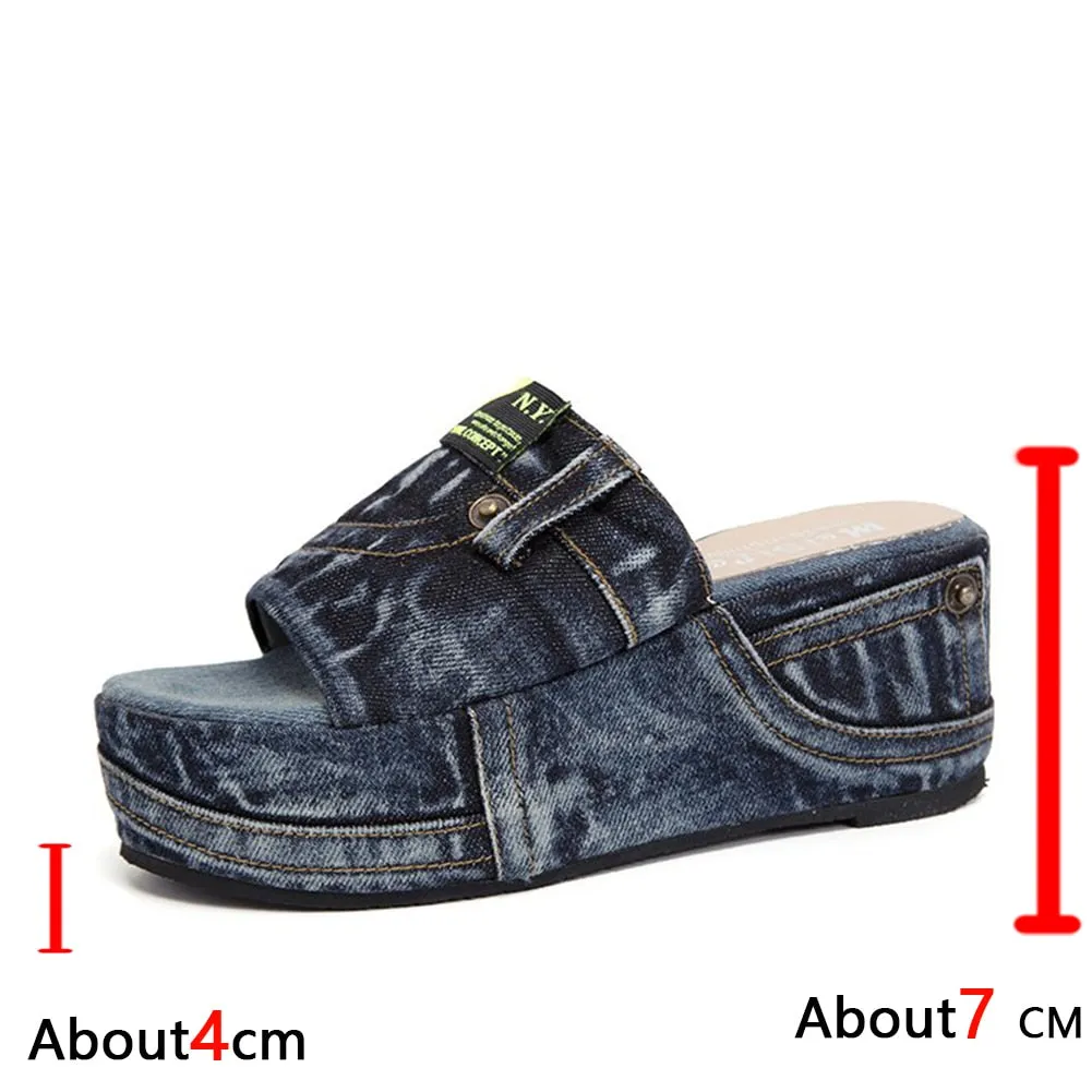 GIGIFOX Women Denim Slides Summer Sandals Women Slip On Wedges Platform Casual Open Toe Fashion Shoes Leisure Comfy Heels