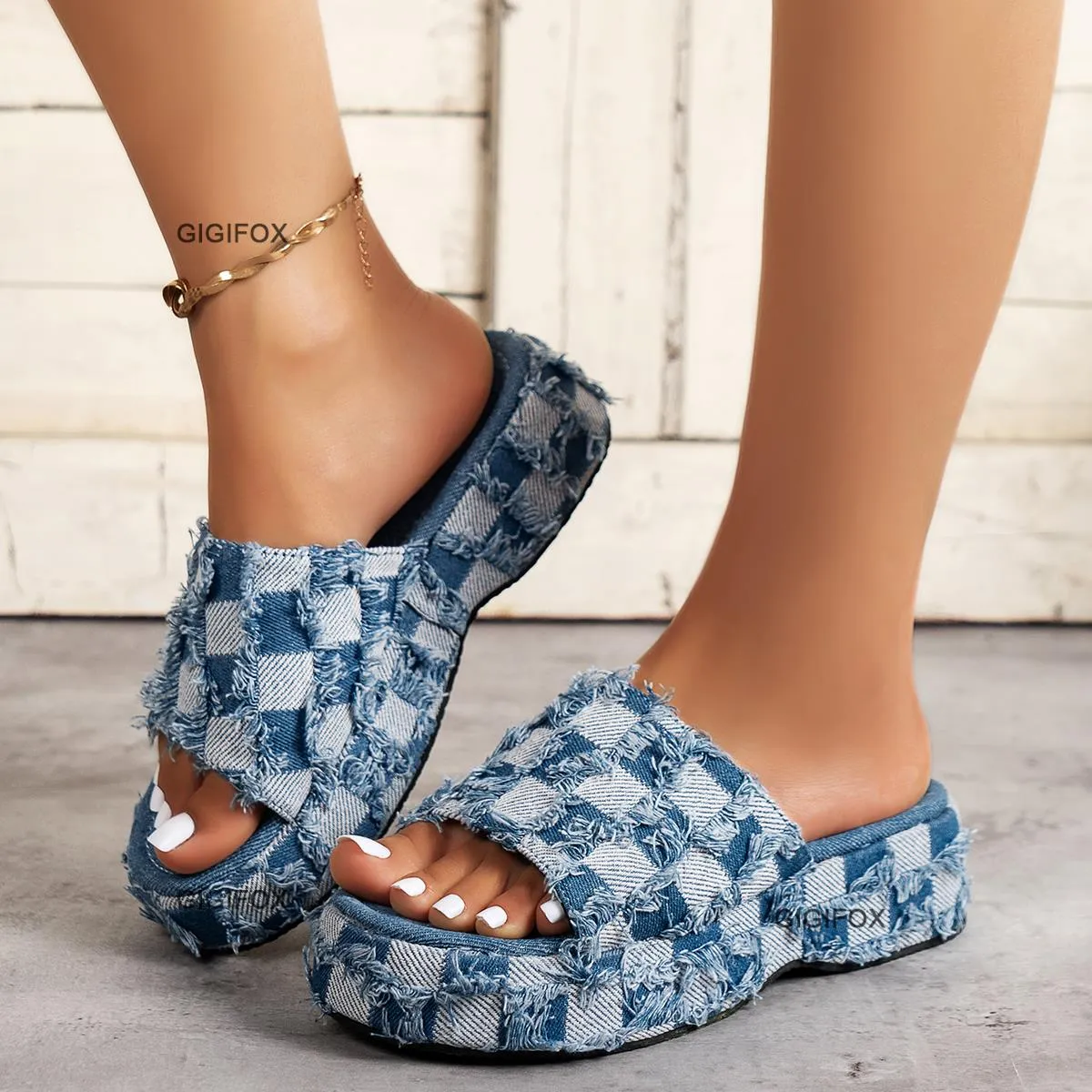 GIGIFOX Women Denim Slides Summer Sandals Women Slip On Wedges Platform Casual Open Toe Fashion Shoes Leisure Comfy Heels