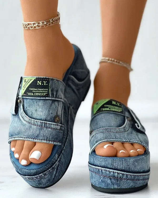 GIGIFOX Women Denim Slides Summer Sandals Women Slip On Wedges Platform Casual Open Toe Fashion Shoes Leisure Comfy Heels