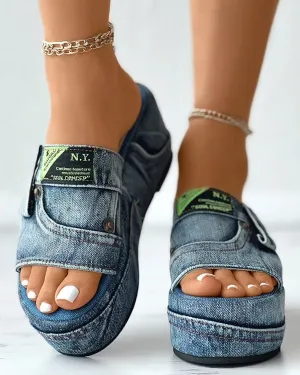 GIGIFOX Women Denim Slides Summer Sandals Women Slip On Wedges Platform Casual Open Toe Fashion Shoes Leisure Comfy Heels
