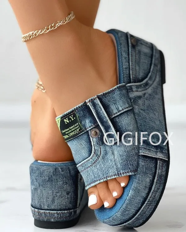 GIGIFOX Women Denim Slides Summer Sandals Women Slip On Wedges Platform Casual Open Toe Fashion Shoes Leisure Comfy Heels