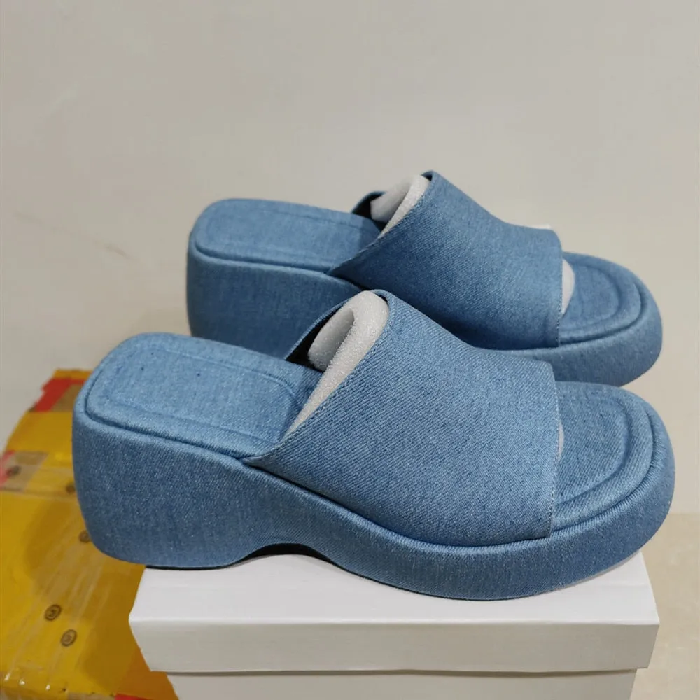 GIGIFOX Women Denim Slides Summer Sandals Women Slip On Wedges Platform Casual Open Toe Fashion Shoes Leisure Comfy Heels