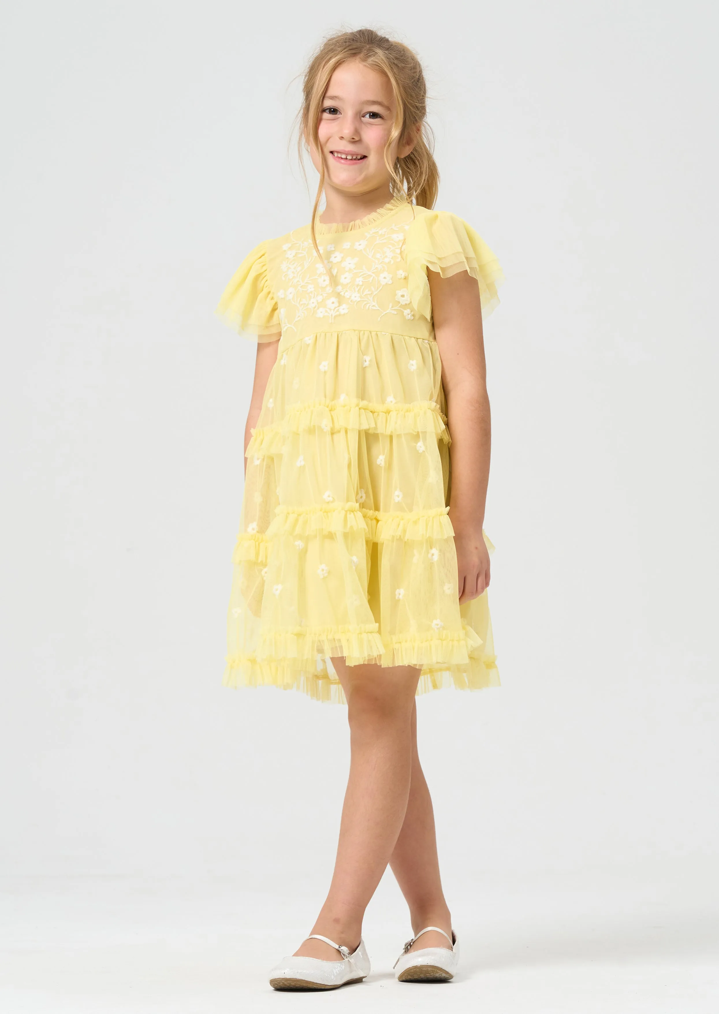 Girls Yellow Floral Embroidered Mesh Dress