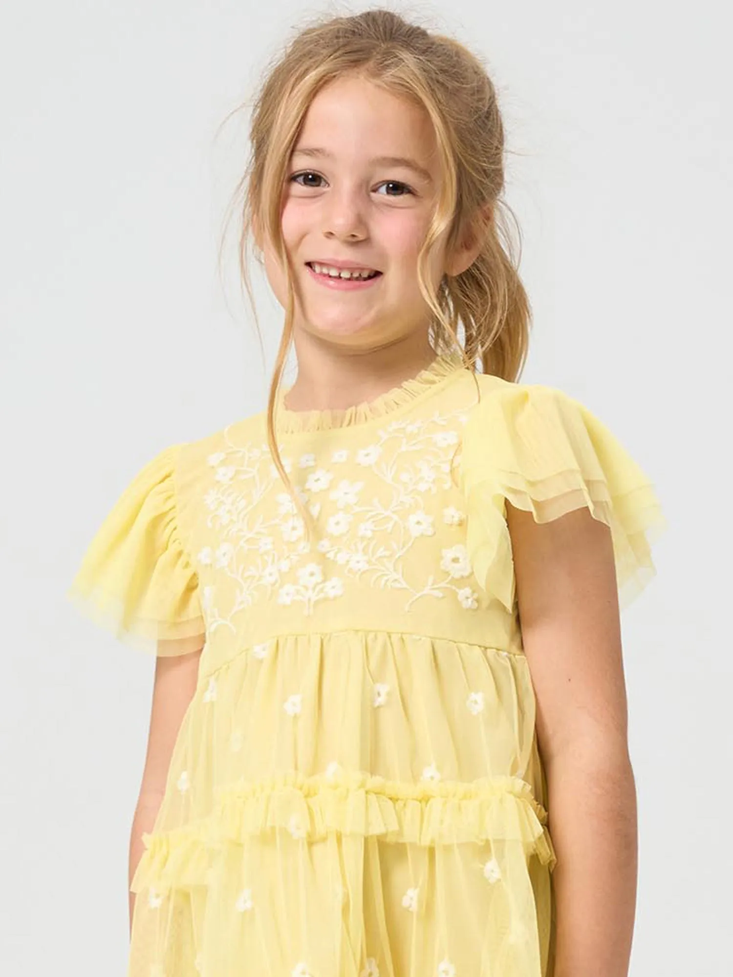 Girls Yellow Floral Embroidered Mesh Dress