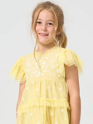 Girls Yellow Floral Embroidered Mesh Dress