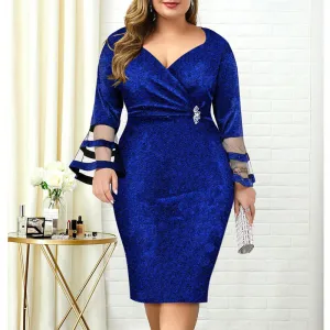 Glitter V-Neck Sheer Mesh Long Sleeve Midi Dress