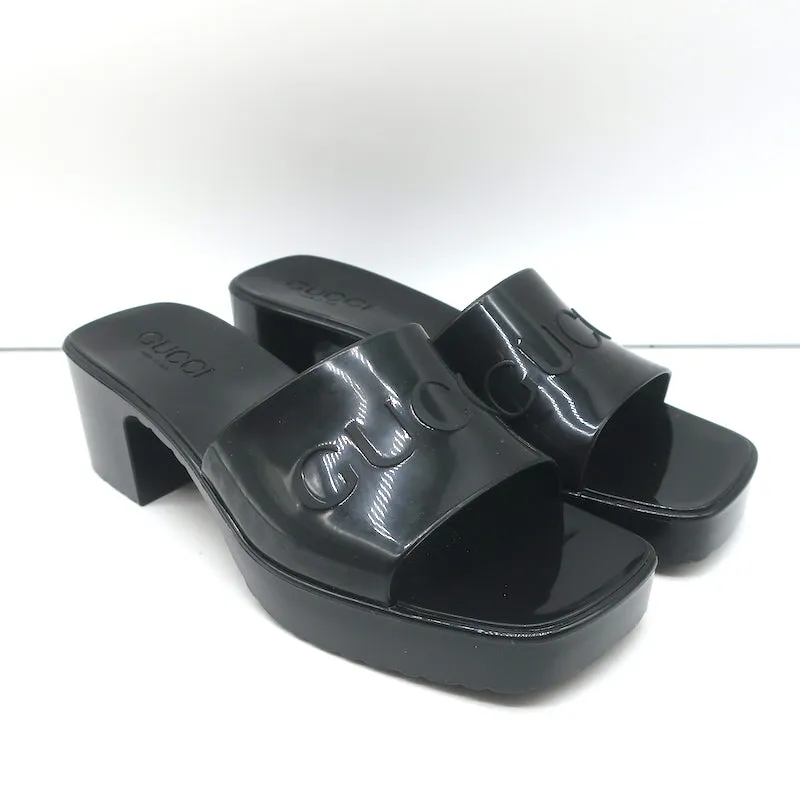 Gucci Rubber Logo Slides Black Size 35 Platform Sandals NEW