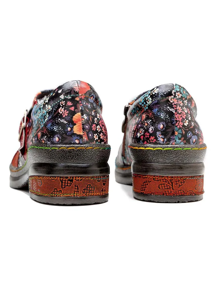 Handmade Leather Round Toe Printed Flat Shoes
