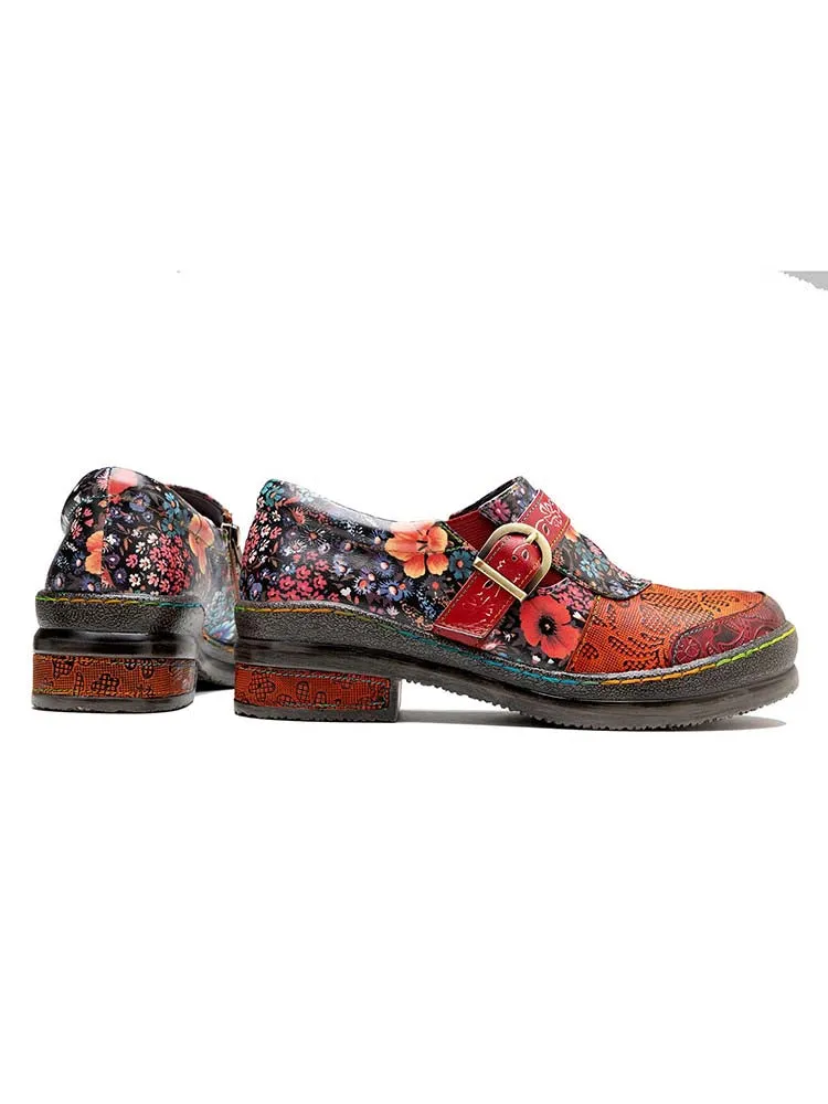 Handmade Leather Round Toe Printed Flat Shoes