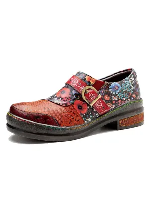 Handmade Leather Round Toe Printed Flat Shoes
