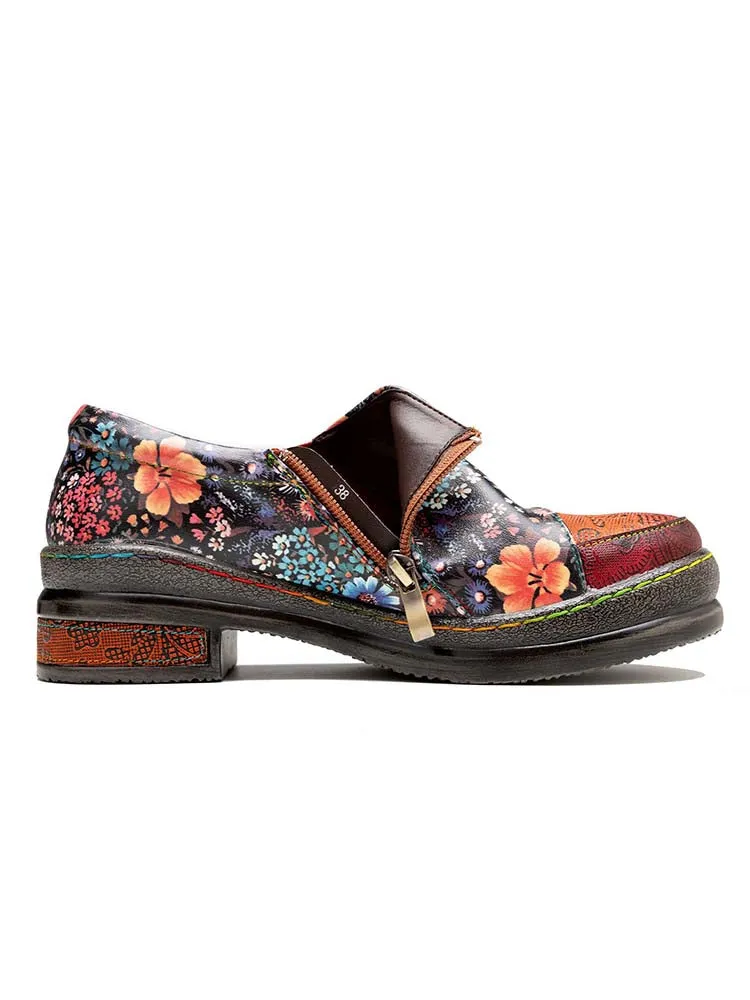 Handmade Leather Round Toe Printed Flat Shoes