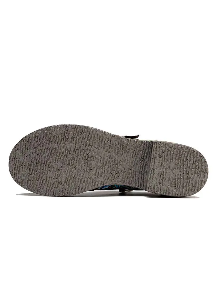 Handmade Leather Round Toe Printed Flat Shoes