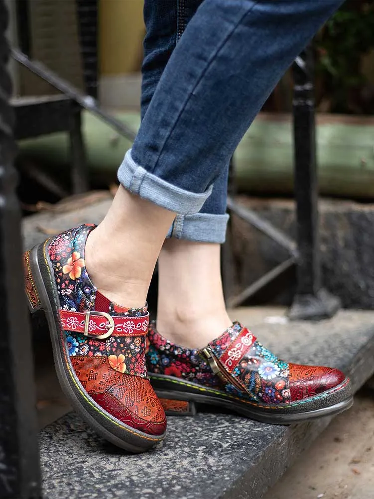 Handmade Leather Round Toe Printed Flat Shoes