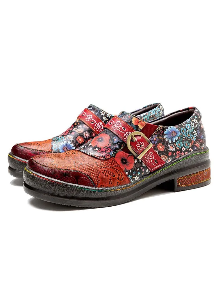 Handmade Leather Round Toe Printed Flat Shoes