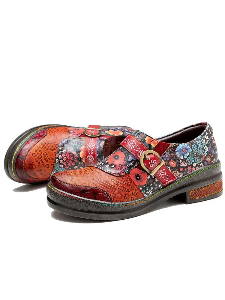 Handmade Leather Round Toe Printed Flat Shoes