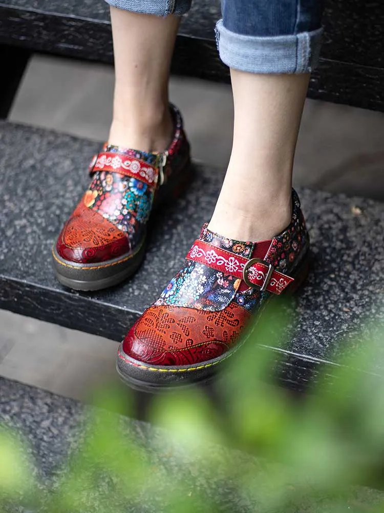 Handmade Leather Round Toe Printed Flat Shoes