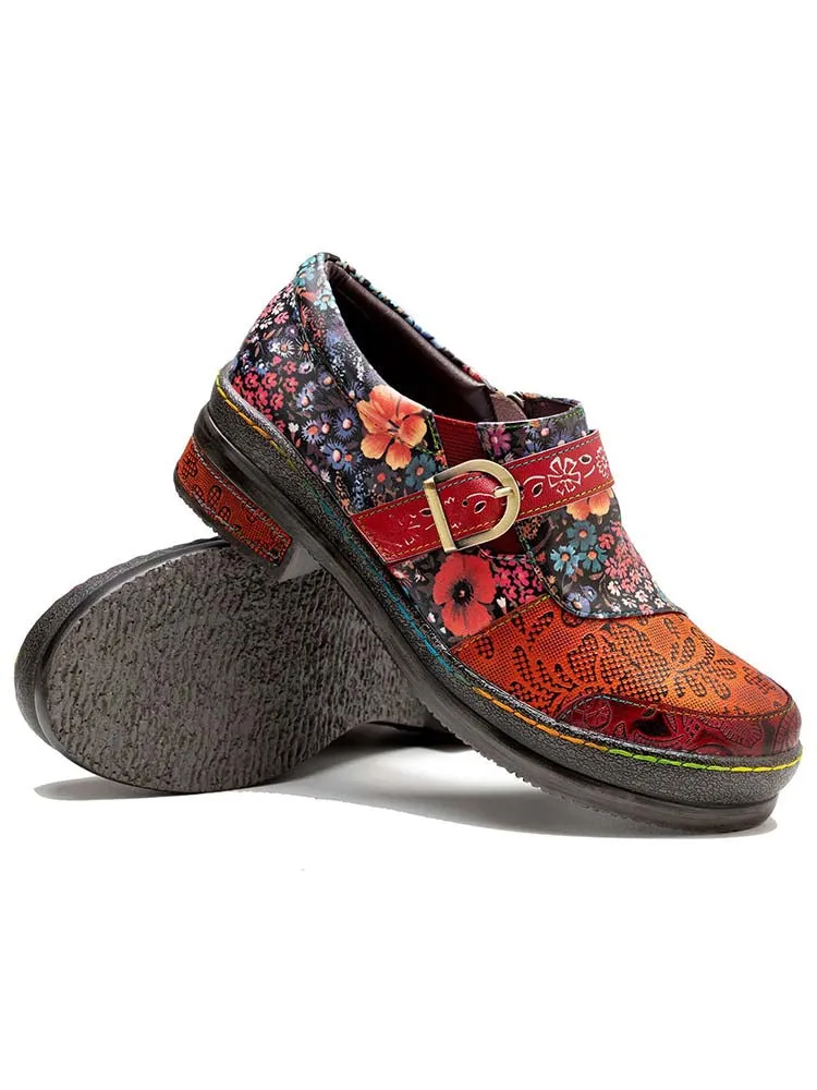 Handmade Leather Round Toe Printed Flat Shoes