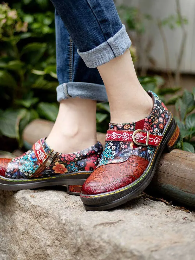 Handmade Leather Round Toe Printed Flat Shoes