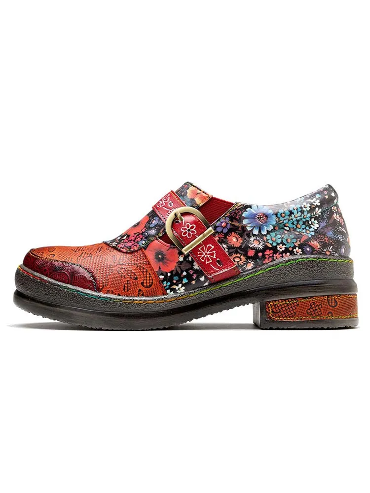 Handmade Leather Round Toe Printed Flat Shoes