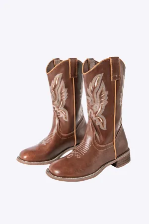 Hannah - Retro Embroidered Design Woman's Chunky Heel Mid Calf Boots