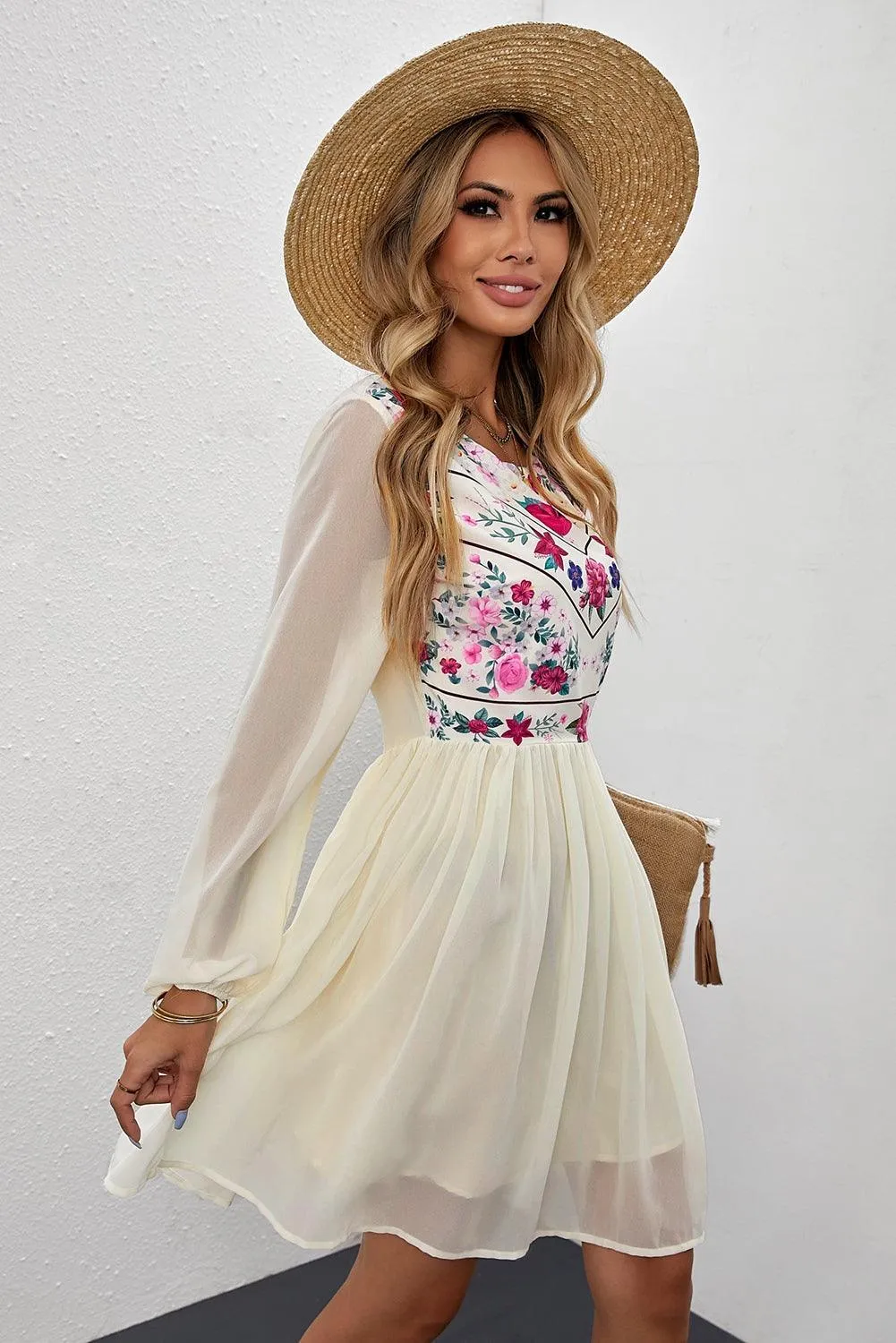 Hazel Blues® | Floral Mesh Sleeve Lined Dress
