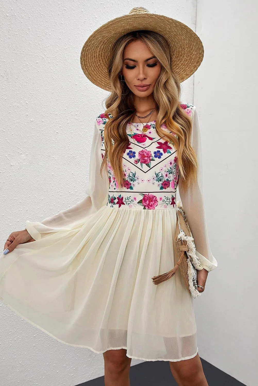 Hazel Blues® | Floral Mesh Sleeve Lined Dress