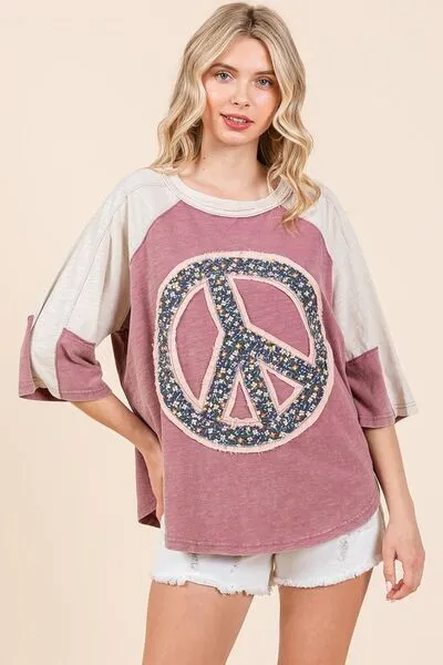 Hazel Blues® |  Mittoshop Peace Sign Patch Mineral Washed T-Shirt
