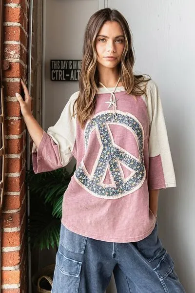 Hazel Blues® |  Mittoshop Peace Sign Patch Mineral Washed T-Shirt