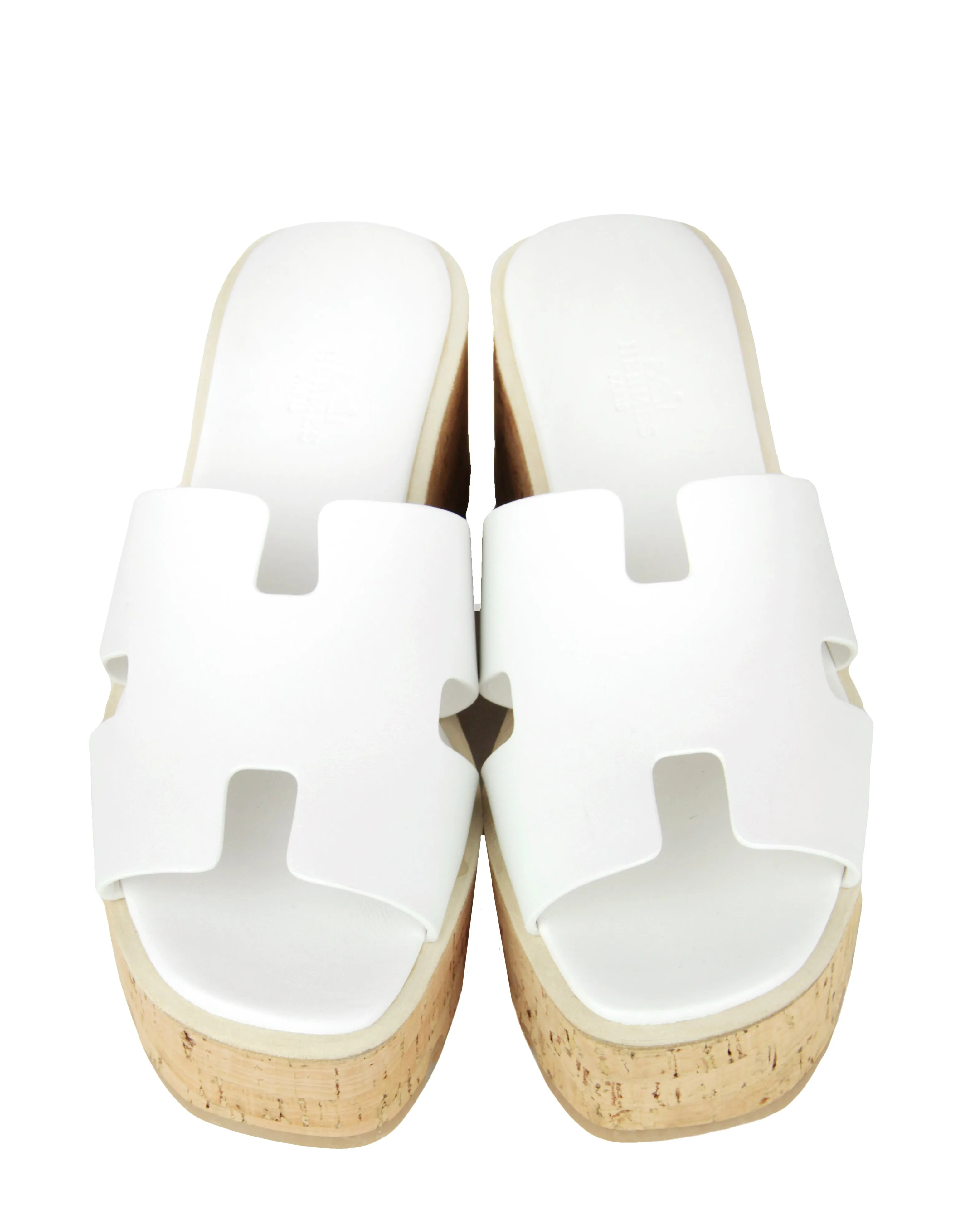 Hermes NEW White Calfskin Cork Eze 30 Platform H Sandals sz 37