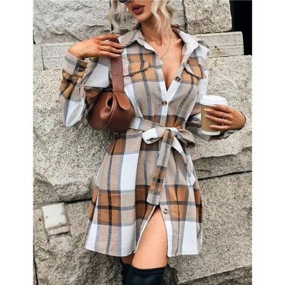 Khaki Long Plaid Shacket Jacket Button Down Midi Belted Trench Coat Dress