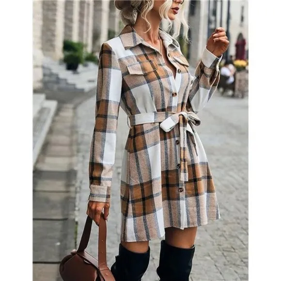 Khaki Long Plaid Shacket Jacket Button Down Midi Belted Trench Coat Dress