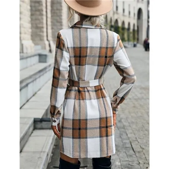 Khaki Long Plaid Shacket Jacket Button Down Midi Belted Trench Coat Dress