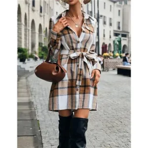 Khaki Long Plaid Shacket Jacket Button Down Midi Belted Trench Coat Dress