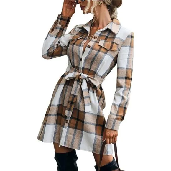 Khaki Long Plaid Shacket Jacket Button Down Midi Belted Trench Coat Dress