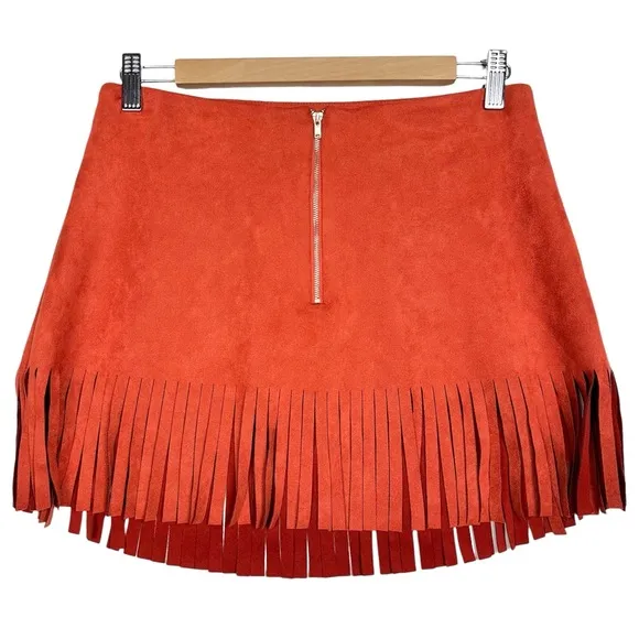 Kittenish Fringe With Benefits Boho Faux Suede Fringe Hem Front Zip Mini Skirt M