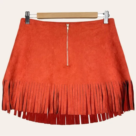 Kittenish Fringe With Benefits Boho Faux Suede Fringe Hem Front Zip Mini Skirt M
