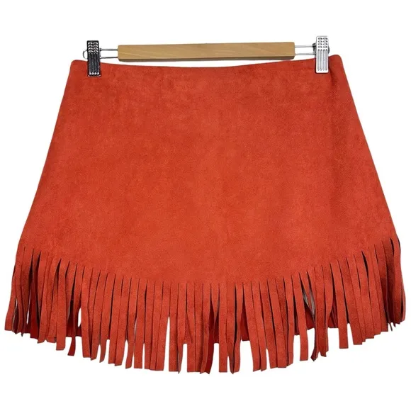 Kittenish Fringe With Benefits Boho Faux Suede Fringe Hem Front Zip Mini Skirt M