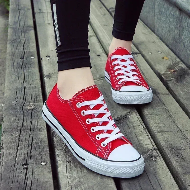 Lace-Up White Canvas Flat Heel Sneakers