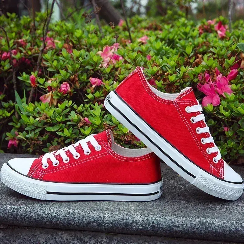 Lace-Up White Canvas Flat Heel Sneakers