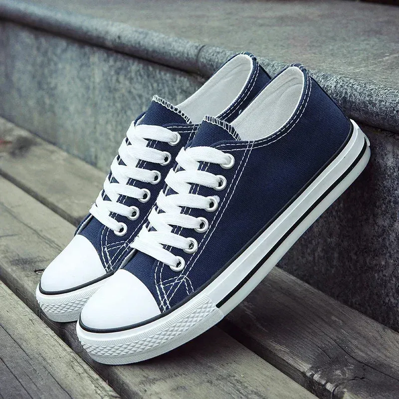 Lace-Up White Canvas Flat Heel Sneakers