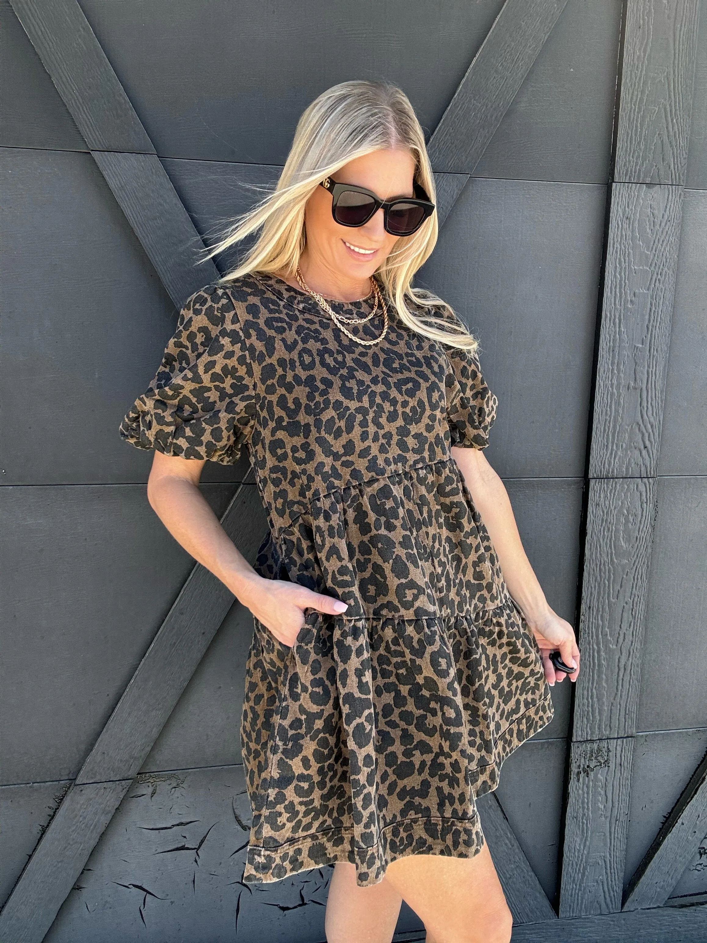 Leopard Print Bubble Sleeve Mini Dress In Brown