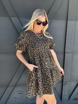 Leopard Print Bubble Sleeve Mini Dress In Brown