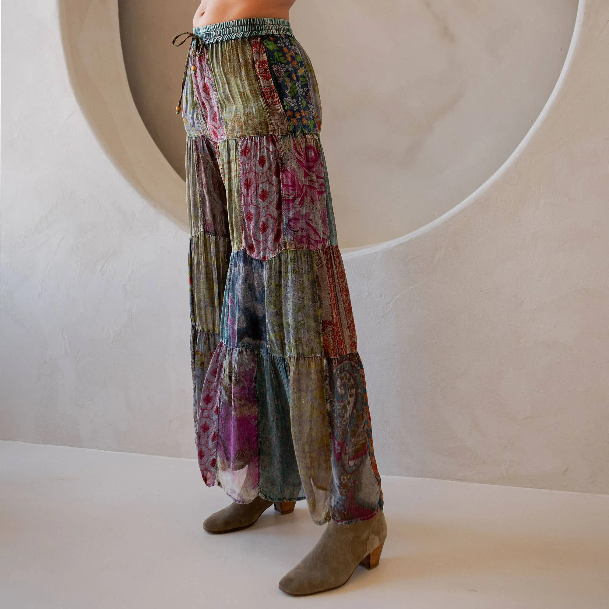 Long Flared Patchwork Young Threads Pants: Grey