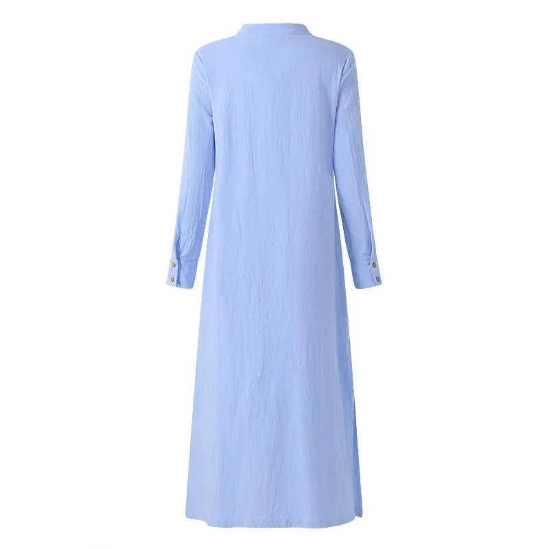 Loose Retro Long Sleeve Cotton Shirt Dress