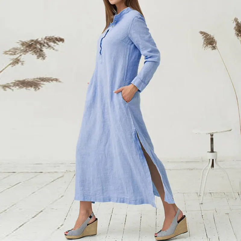 Loose Retro Long Sleeve Cotton Shirt Dress