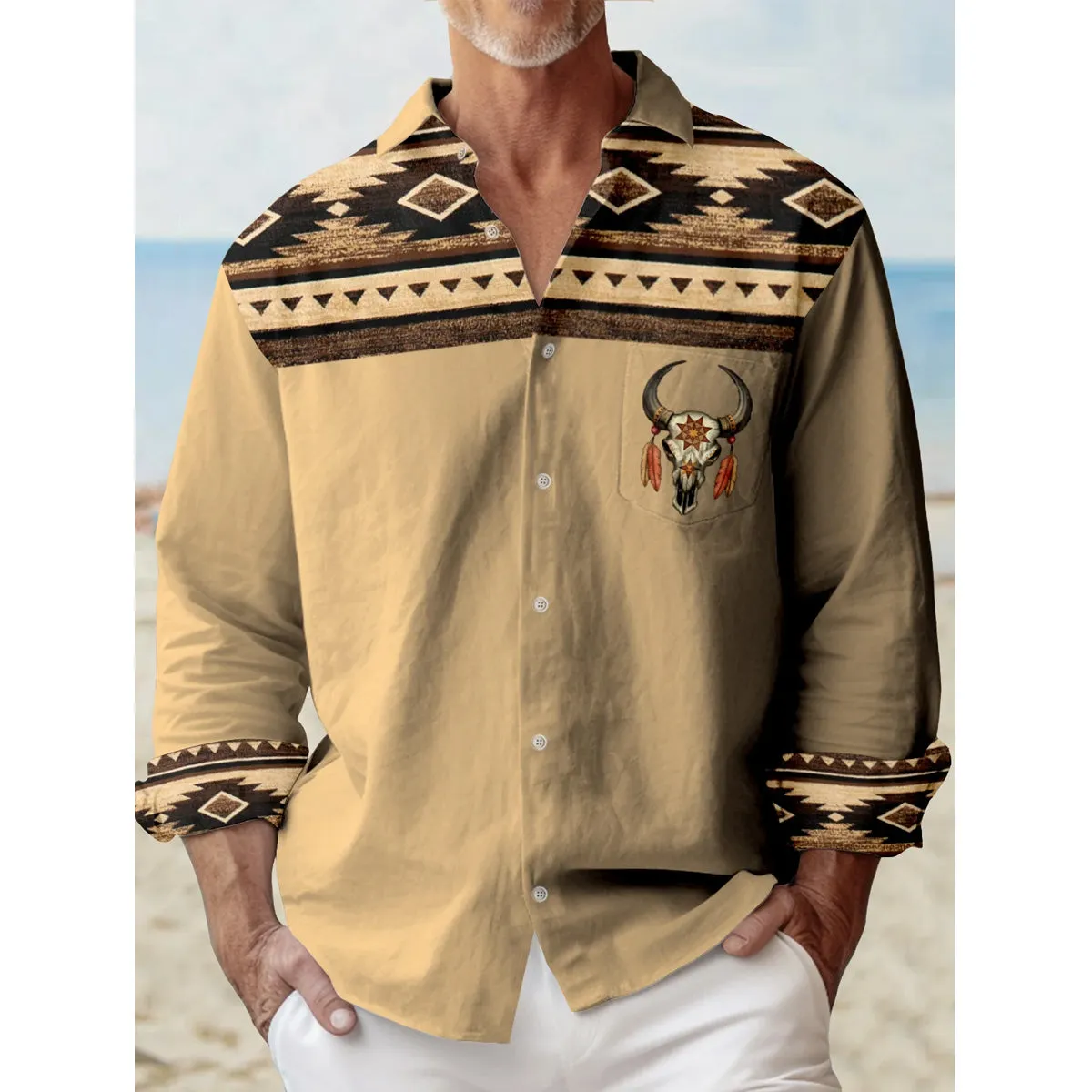 Men's Aztec Print Vintage Men's Long Sleeve Shirt