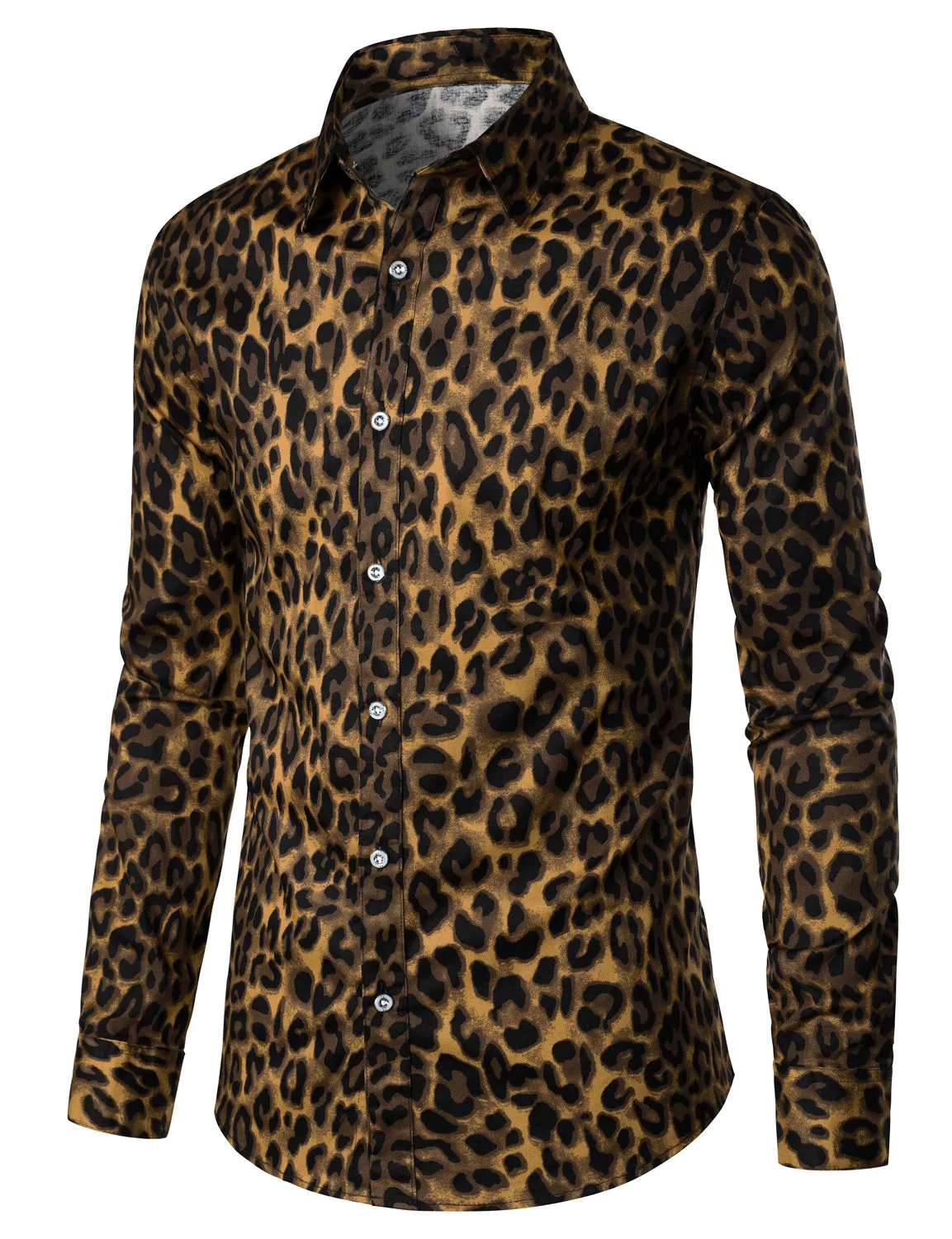 Men's Brown Leopard Print Animal Casual Rock Cotton Daily Tops Button Up Long Sleeve Shirt