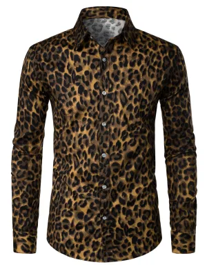 Men's Brown Leopard Print Animal Casual Rock Cotton Daily Tops Button Up Long Sleeve Shirt
