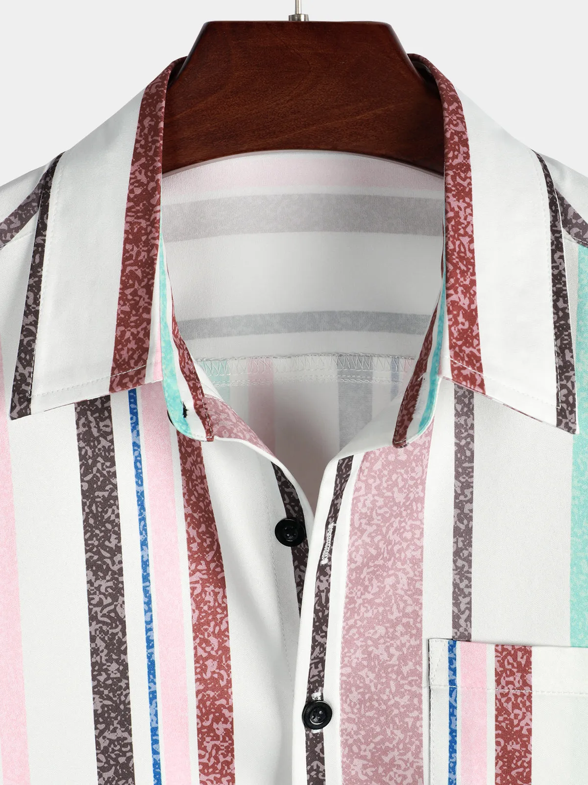Men's Colorful Button Up Vertical Rainbow Striped Short Sleeve Pocket Shirt