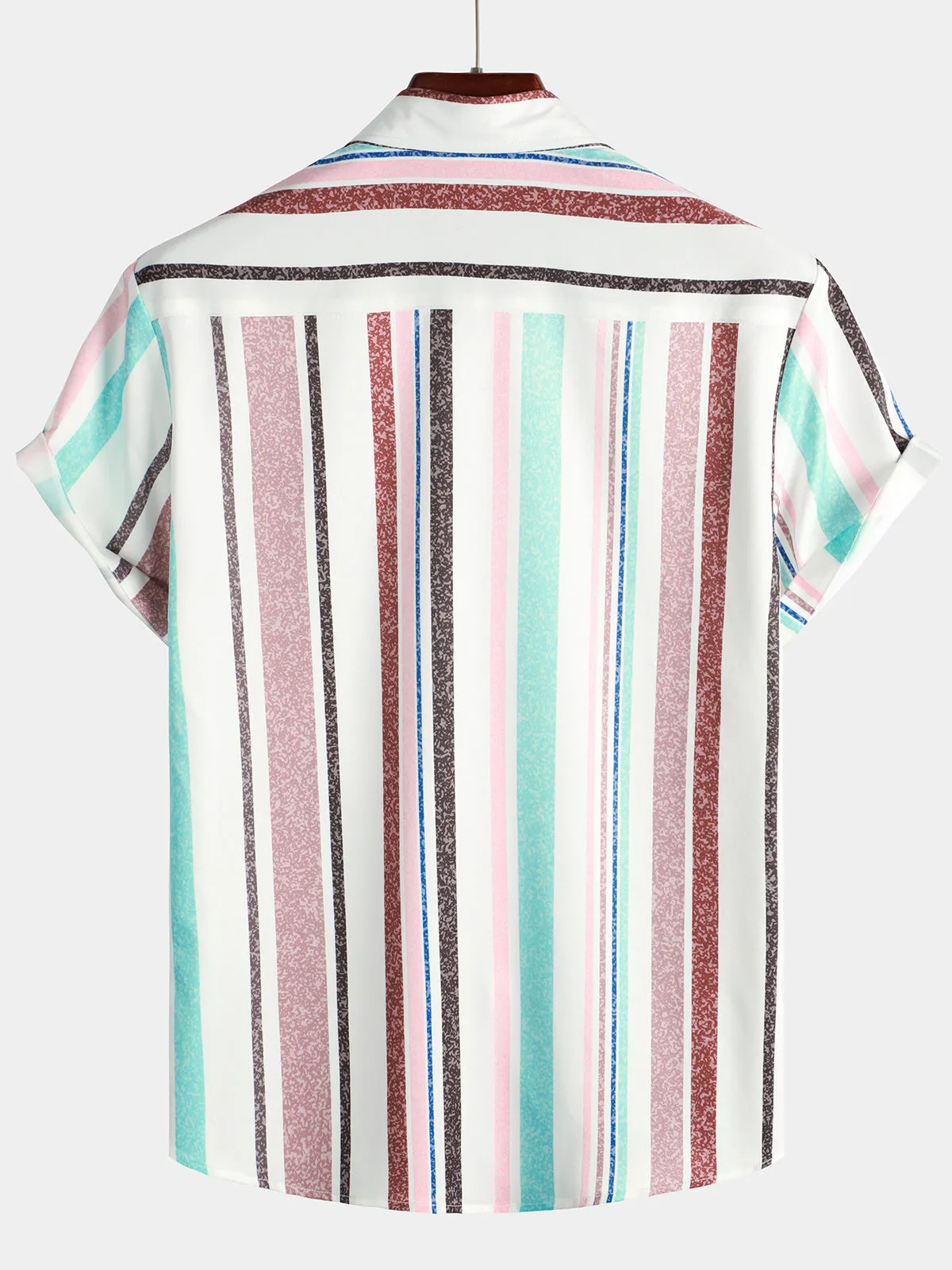 Men's Colorful Button Up Vertical Rainbow Striped Short Sleeve Pocket Shirt